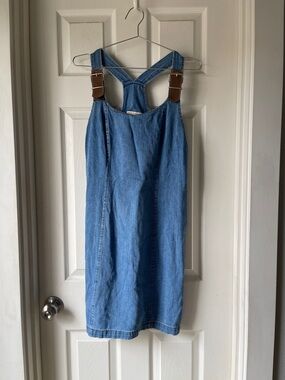 Vintage Denim Pinafore Dress with Faux Leather Strap Details